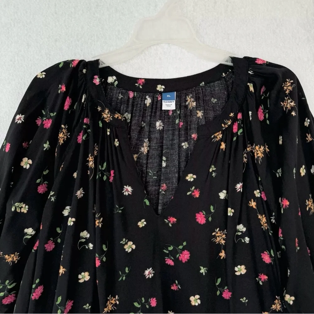 Old Navy Blouse Top Womens XL Black Multicolored Floral Poet Oversized Relax - Picture 2 of 15